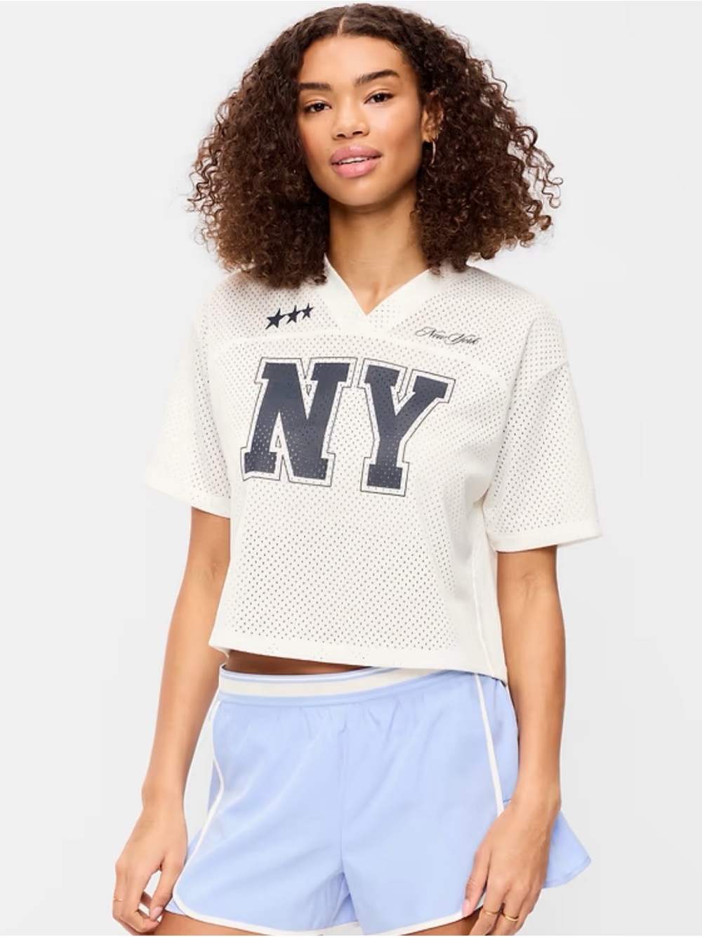 Old Navy White Mesh NY V-Neck Cropped Jersey